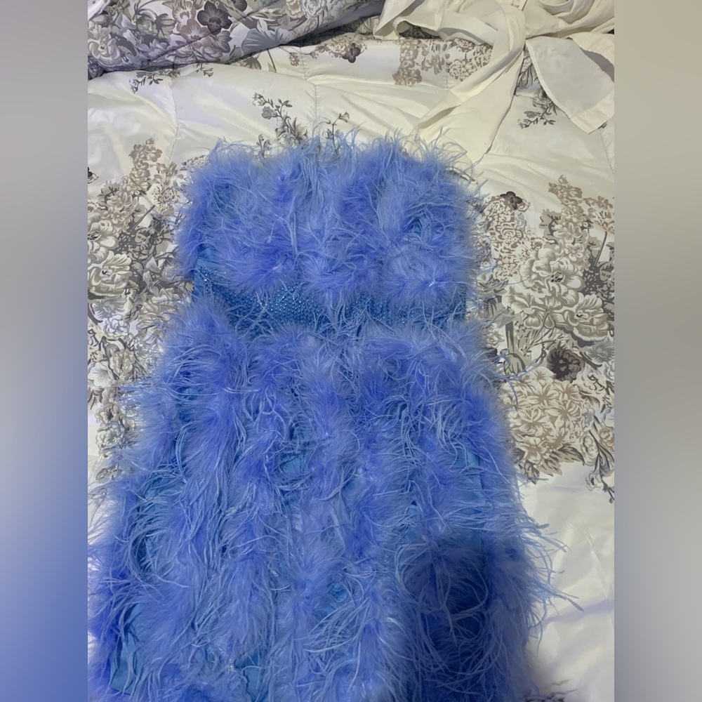 Feather material,satin dress with diamonds around the waist!Never worn with tag.